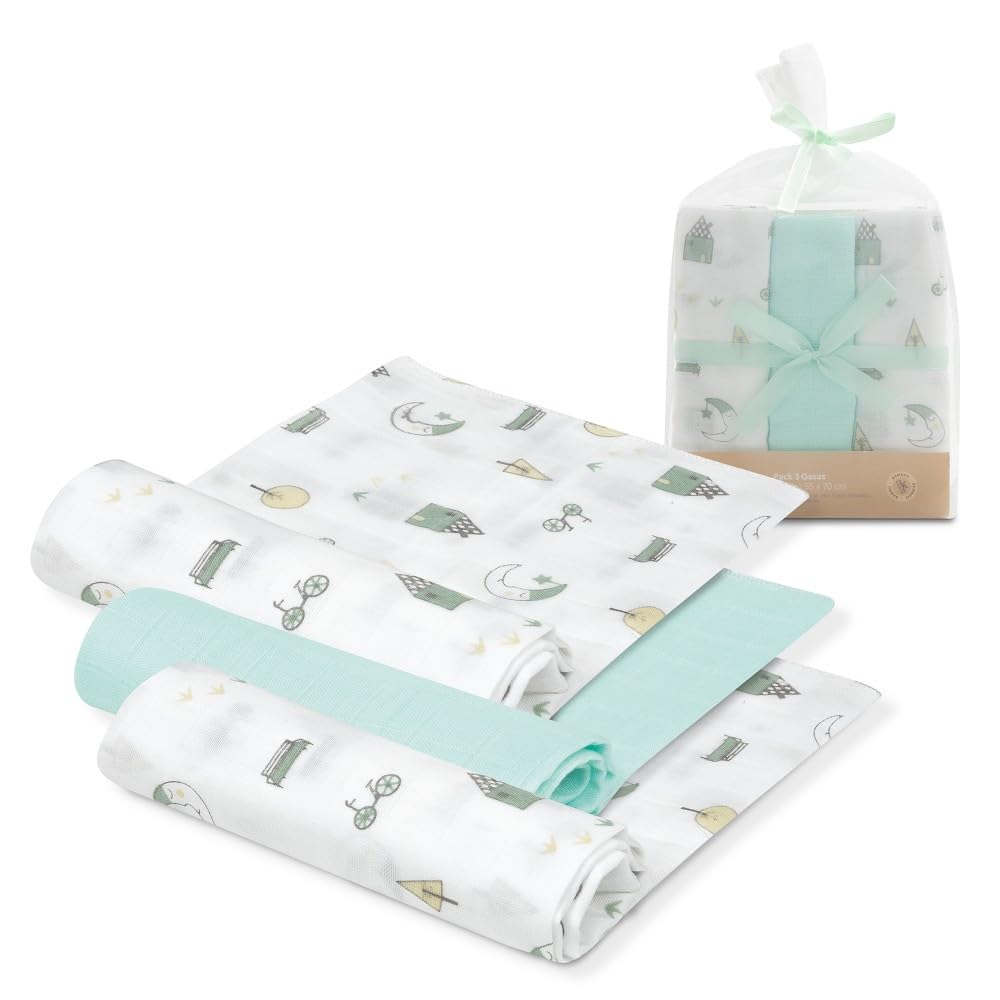 INTERBABY Set di 3 Mussole di Bambù MOON menta 55x70 cm per neonati