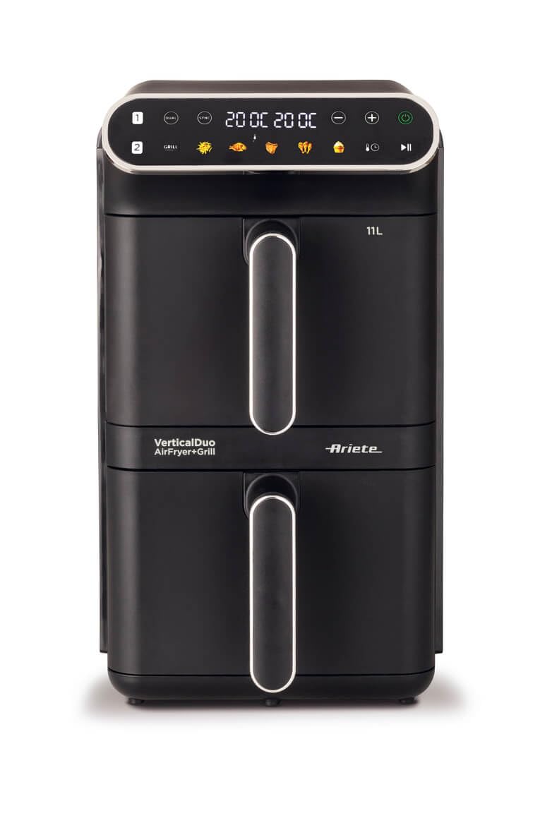 Ariete 4640/10 Air Fryer Vertical DUO, Friggitrice ad aria doppia verticale, 2460W, 11L, Due cestelli, Sync e Dual, 6 programmi, Funzione Grill, Fino a 200°C