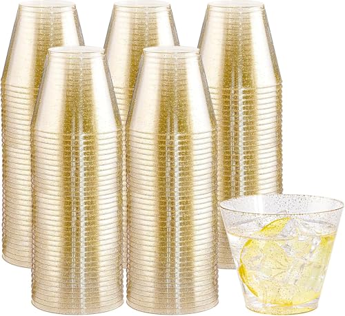 I00000 200pcs Gold Plastic Cups - 9 OZ Hard Gold Glitter Disposable Cups for Cocktail & Drinking - Premium Disposable Plastic Glasses with Gold Glitter for Fancy Wedding Cups Elegant Party Glasses