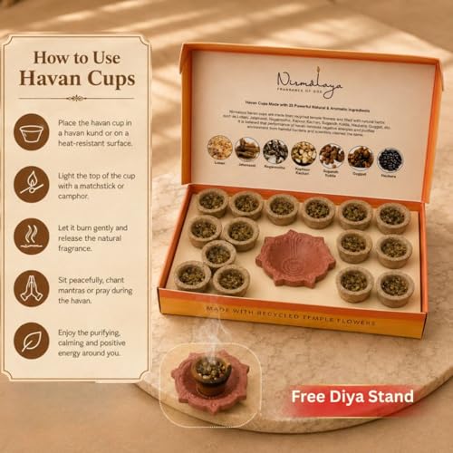 Image of Nirmalaya Premium Organic Rooh Gulab Havan Cups | Pack of 15 + Diya Stand | 25+ Natural Havan Samagri Blend of Flower Powder, Loban & Jatamansi | for Pooja, Meditation, Yoga and Aromatherapy