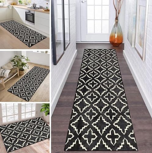 Alfombra larga para pasillo, cocina, antideslizante, lavable, 70 x 150 cm, color negro, estilo bohemio, moderna, de poliéster, pasillo, salón, dormitorio, alfombra de cocina