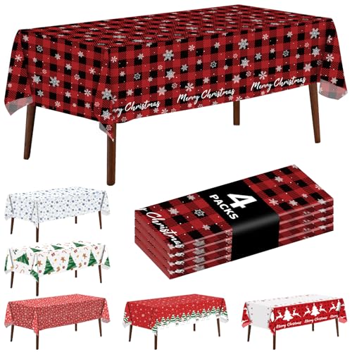 JHDZDHY 4 Pack Snowflake Tablecloth - Disposable Plastic Table Cover for Christmas Party Decoration Supplies - 54 x 108 Inches (Red Checkered Snowflake)