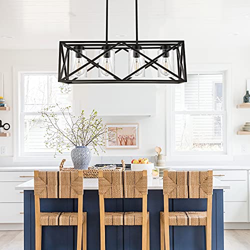WINSHEN 4-Lights Black Farmhouse Rectangle Chandelier Dining Room Light Fixtures, 30.4-Inches Length Contemporary Kitchen Island Pendant Lighting with Seeded Glass Lampshades - Image 4