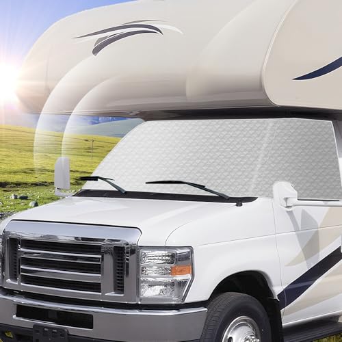 BOYISEN RV Windshield Cover for Class C Ford E450 (1997-2025) Windshield Cover for Ice and Snow 4-Layers Sun Shade Strong Magnetic Installation with Mirror Cut-Outs