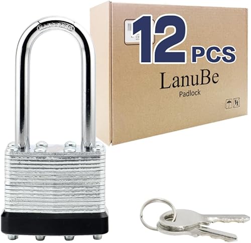 LanuBe Candado laminado con llave (1-916 pulgadas, 1.575 in), cerraduras iguales con llave, grillete largo, aro de plástico negro marcado, paquete