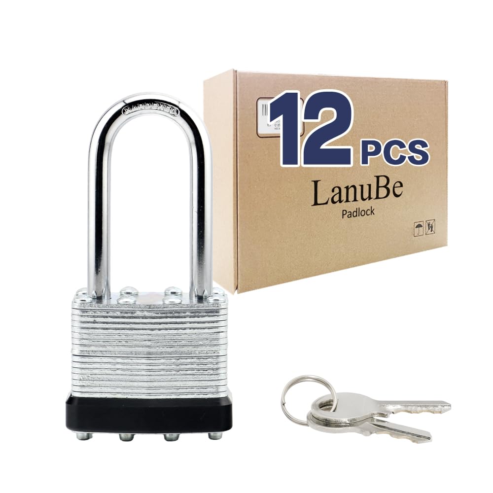 LanuBe Laminated Keyed Alike Padlock 12 Pack 1.6-in Wide Long Shackle