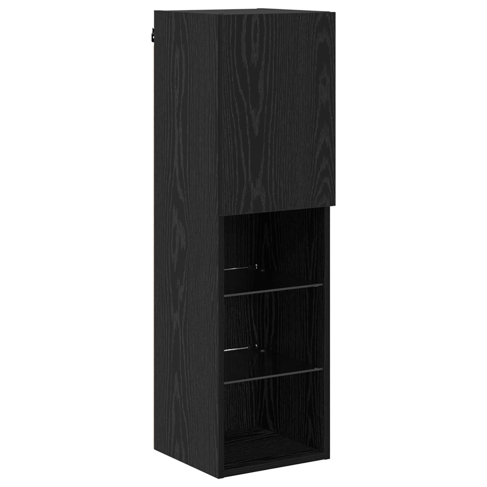 Szafka pod telewizor 7-częściowa, czarna imitacja dębu, materiał drewnopochodny, z oświetleniem LED, montaż na ścianie, miejsce do przechowywania do salonu, regał na media
