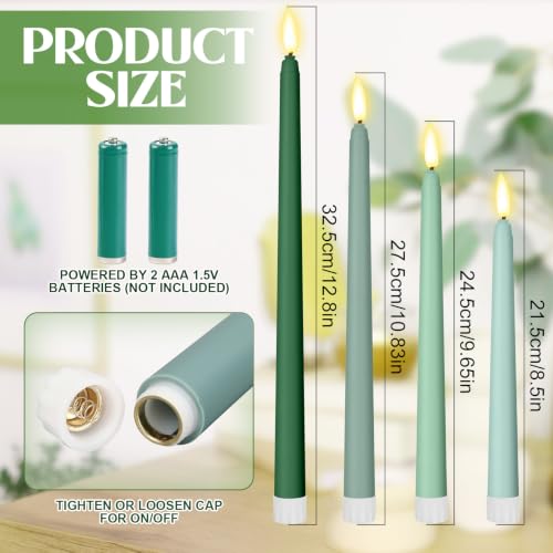 Image of Rossesay 24 Pcs Flameless LED Taper Candles Battery Operated Candles 8.5 inch, 9.65 inch, 10.8 inch, 12.8 inch Flameless Candlesticks Flickering for Christmas Church Wedding(Classic, Gradient Green)