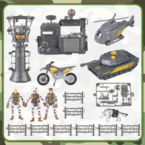 Boderam Militärbasis-Spielzeug-Set, Militärfahrzeuge, Hubschrauber, Panzer, Armee, Herren, Soldaten, Actionfiguren und Waffenausrüstung, Zubehör, Militärkampf-Motorrad-Spielzeug für Kinder, Jungen