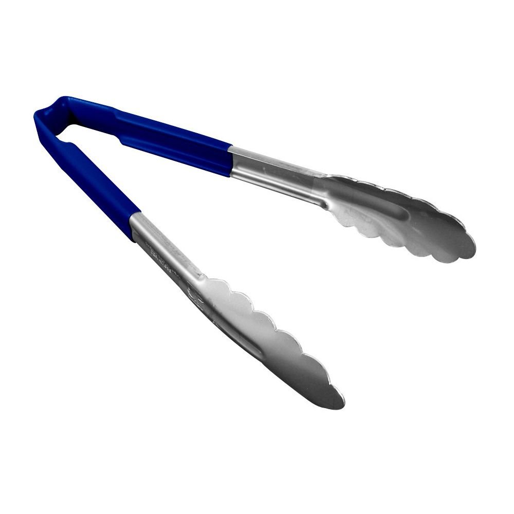 Blue Jacob's Pride 9 1/2" Stainless Steel Scalloped Tongs with Coated Kool Touch Handle
