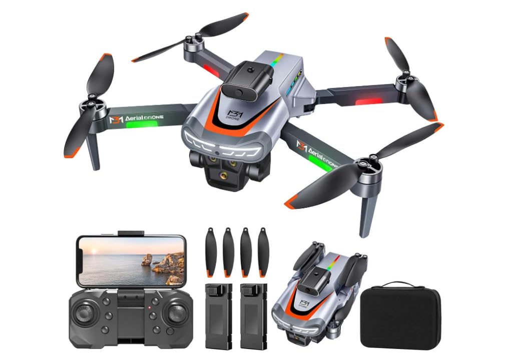 Grutoly Drohne mit Kamera 4K, Lokalisierung des Lichtstroms in der Schwebe, 360°-Hindernisvermeidungskopf, Bürstenloser Motor, Ferngesteuerte Drohne mit 2 Akkus – Grau