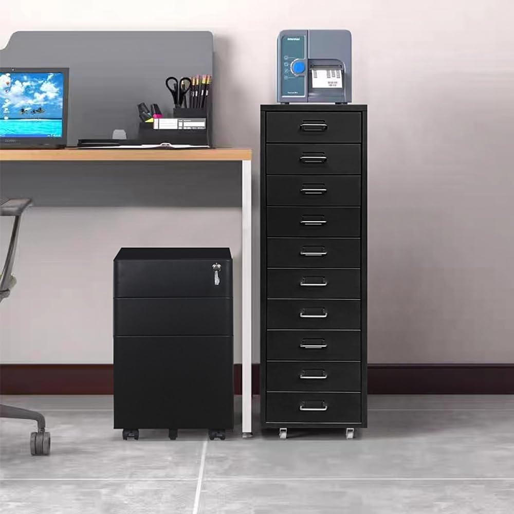 Panana Filing Cabinet on Wheels, 10 Drawers Metal Documents Cabinet With 4 casters Office Storage Unit (Black-10 Drawer)
