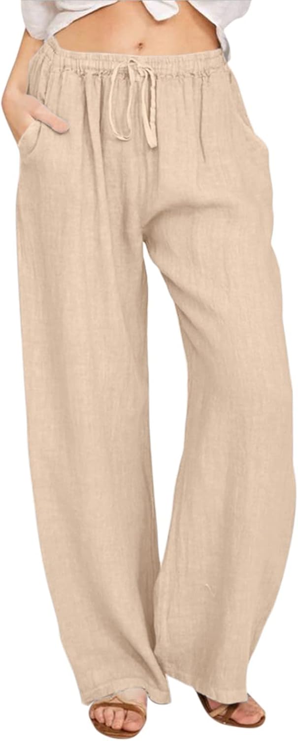 Womens Wide Leg Pants Linen Palazzo Lounge Loose Pant Drawstring Elastic High Waist Pants Summer Casual Trendy Pant