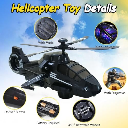 Image of SHAKTISM SWAT Police Helicopter Toy with 3D Lights, Music, Projection Function, Black, Battery Operated, 360 Rotatable Wheels for Kids -1Pc - Random Colour