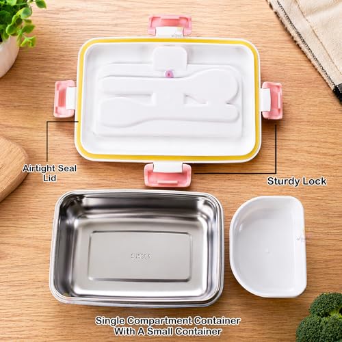 Image of WISHKEY Plastic BPA Free Stainless Steel Medium Size Lunch Box with Separate Container, a Spoon & a Fork, Soft Color Tiffin Box & Cutlery Accessories for Kids & Adults, 500 ml, Pink, 6+Years(Set of 1)