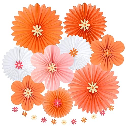 Image of SUNBEAUTY Paper Flowers Decorations for Wall, Spring Pink and Orange Party Decorations, Orange Pink Groovy Paper Fans Classroom for Wall Hanging Decor for Office Baby Shower Bulletin Board, Set of 9