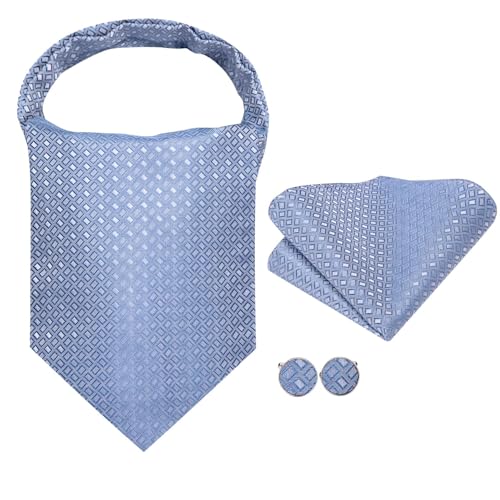 Image of Hi-Tie Silk Ascot for Men Self Tie Men's Cravat and Flower Lapel Pin Handkerchief Cufflinks Set for Wedding Party