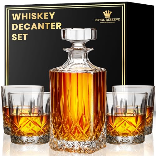 Whiskey Decanter Set by Royal Reserve - Crystal Liquor Bourbon Decanter 24oz 700ml with 4 Glasses in Magnetic Box - Gifts for Men