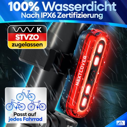 NEXTCOVER® Rücklicht Fahrrad mit [VisionLux] LEDs und Bremslicht I StVZO zugelassen I LED Fahrradrücklicht mit 8 Stunden Akku I Fahrradlicht hinten für Rennrad, E-Bike, Rücklicht blinkend
