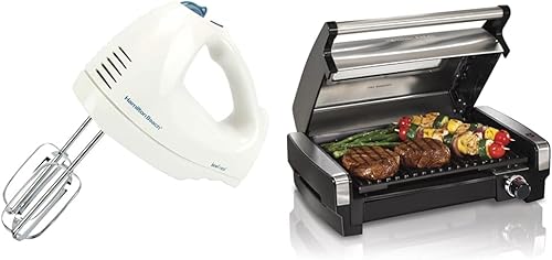 Hamilton Beach Batidora de mano eléctrica de 6 velocidades con batidor, batidores tradicionales y parrilla eléctrica para interiores