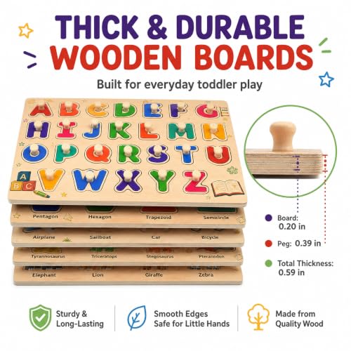 Image of Wooden Peg Puzzles for Kids Ages 3-5, 6 Pack Large ABC Alphabet Number Shape Animal Dinosaur Vehicle Puzzle Set, Preschool Learning Toys, Montessori Educational Gifts for 3 4 5 Boys Girls