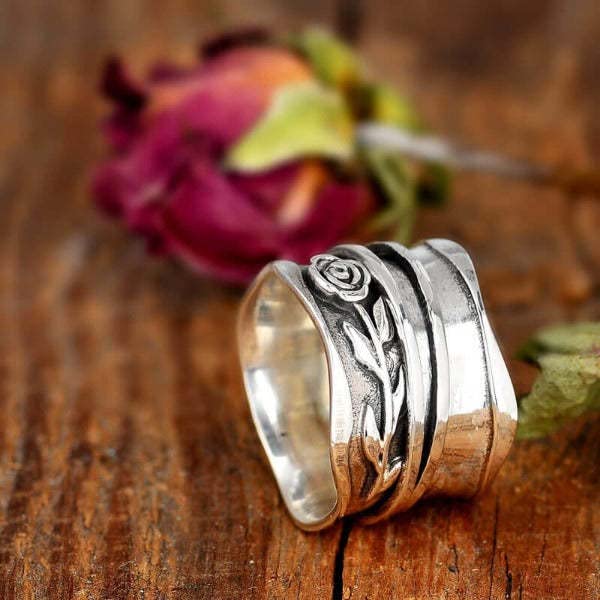 Blooming Rose Flower Wide Band Ring for Women Retro 925 Sterling Silver Floral Chunky Ring Vintage Ring Boho Stainless Steel Flower and Leaf Promise Statement Anniversary Ring4