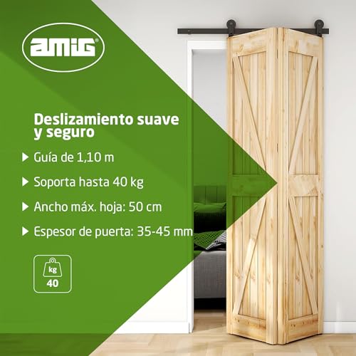 Miniatura 3 de Amig - Kit Puerta Corredera Plegable - Guía 110 Cm Acero Negro - Resistencia Hasta 40 Kg - Estable Y Compacto - Deslizamiento Silencioso Y Estable - Mod. Sd006