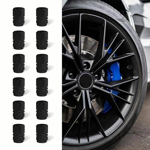 HEVLE 12pcs Tire Valve Stem Caps, Air Caps Cover, Anodized Aluminum Tire Valve Cap Set, Corrosion Resistant, Leak-Proof Stem Covers, Universal Car Accessories for Cars, SUVs, Bike, Trucks (Black)