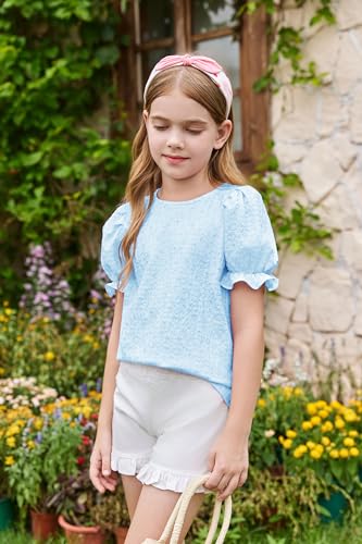 Girls Floral Puff Short Sleeve Shirts Summer Cute T Shirts Tops 5-14 Years4