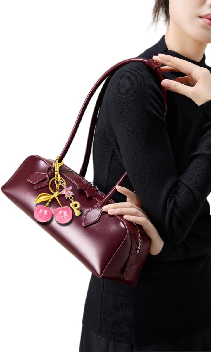 Pink Cherry Keychain with Initial Charm, Gold-Tone Bubble Letter Bag Accessory, Crystal Flower Purse Charm image 5
