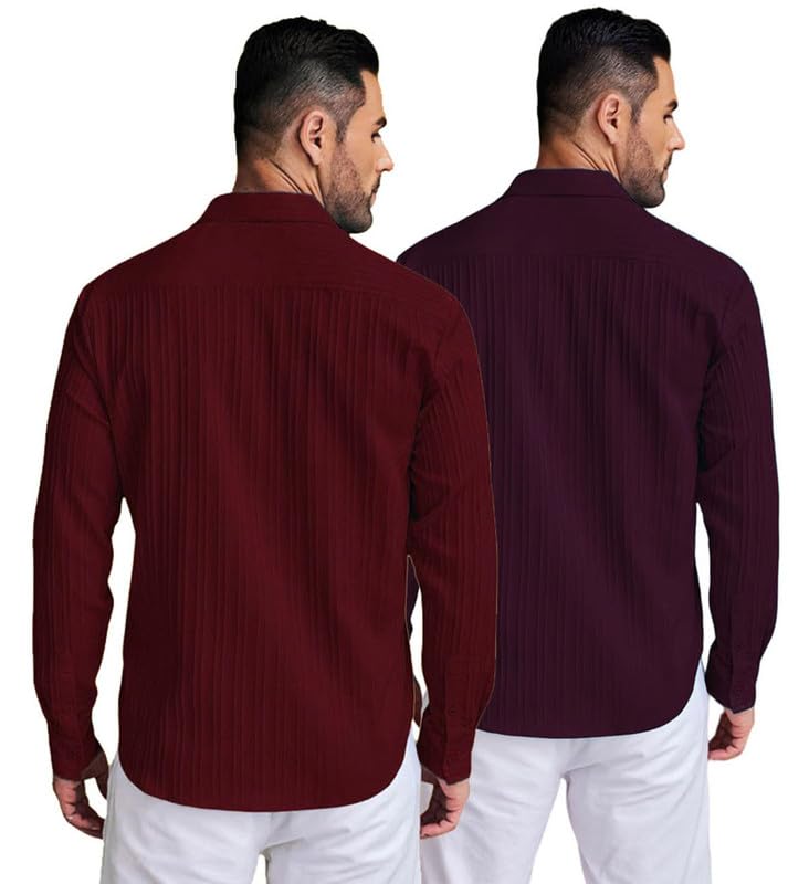 Image of DEELMO Combo of Men's Casual Button Down Shirts Long Sleeve Linen Shirt Fashion Textured Summer Shirts Pack of 2