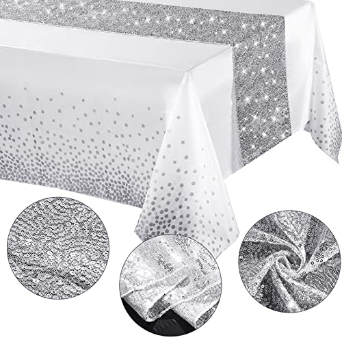 Image of Irenare 2 Pcs White and Silver Tablecloth and Sequin Table Runner Set Polka Dots Confetti Table Cover Dining Plastic Tablecloths Glitter Decorations for Birthday Wedding Anniversary Party Supplies