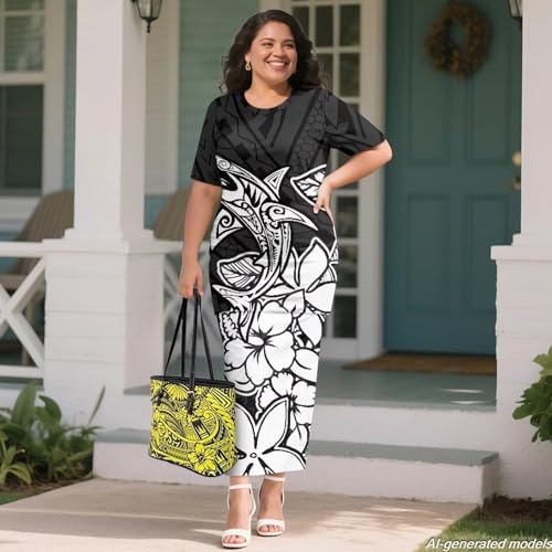 Image of Polynesian Dress for Women Short Sleeve High Waist Maxi Skirt | Puletasi dress, t-shirt and skirt two-piece, elastic material, lightweight, soft, plus size, luau party, wedding, clubwear