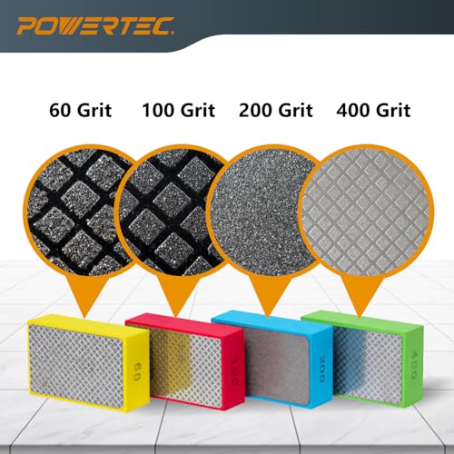 Image of POWERTEC 72212 4-1 /2 inch Diamond Saw Blade & Diamond Hand Polishing Pads Kit, Turbo Mesh Rim Tile Blade for Porcelain and Ceramic Tile & Assorted 60 /100 /200 /400 Grits Sanding Block for Granite,Wood,Metal