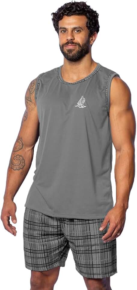 Pijama Masculino Verão, Regata com Short Xadrez Estampado, Conjunto para Dormir