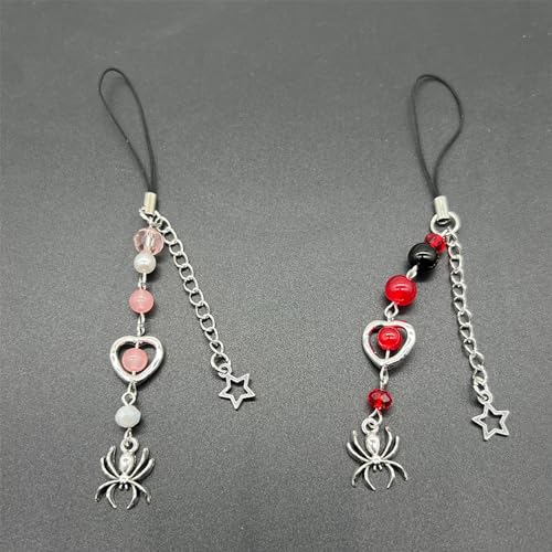 Image of Bracelet /Phone Chain Customizable Jewelry with Unique Beaded Design, Matching Star and Spiders Charm, 13cm, Red