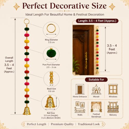 Image of Bindian Pom Pom Beads & Golden Bell Toran for Main Door, Pack of 5 Door Hanging Decorative Items, Home Decor Wall Hanging Decoration, Pooja Room Decor, Festival Decoration