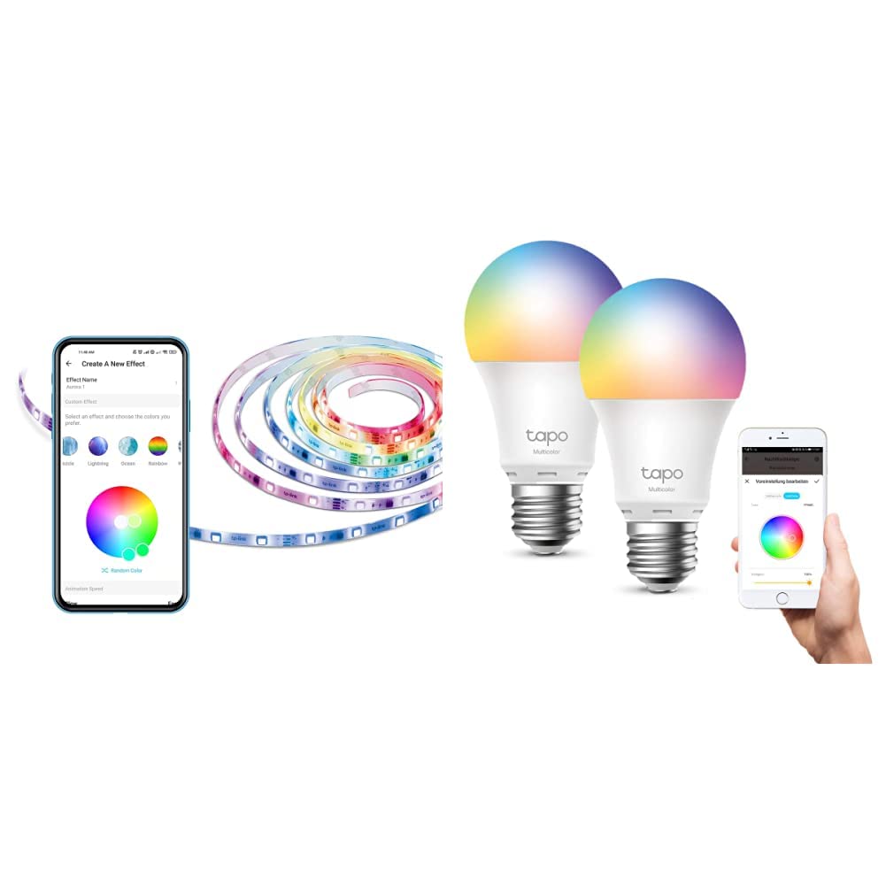 TP-Link Tapo Ampoule Connectée Wifi, Ampoule LED 8.7W 806Lm, RGBCW Multicouleur + Tapo Ruban LED 5m, Bande LED Connectée WiFi