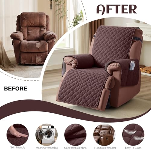 Image of KinCam 100% Waterproof Recliner Chair Cover, Reclining Couch Covers for Pets, Dogs, Recliner Couch Slipcover Furniture Protector with Elastic Straps for Kids(28 inch, Coffee)