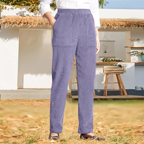 Corduroy Pants Women Elastic Waist Straight Leg Comfy Work Pants Business Casual Loose Trousers Pants with Pockets2