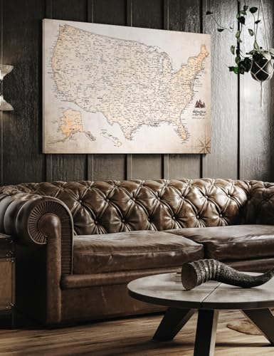 Image of IPIC - Vintage USA Canvas Wall Art, Oversize Travel Map Print for Home, Office, or Study, Push Pin Board Decor for Travel Lovers, Ready to Hang