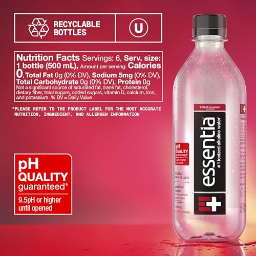 Image of Essentia Ionized Alkaline Water, 9.5 Ph Until Opened, 99.9% Pure, Bottled Water, 6Pk 500 ml