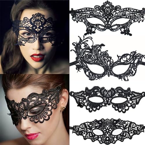RUSTAMM 4 Sets Black Lace Eye Mask for Women Lady Masquerade Halloween Christmas Thememed Party Cosplay Decoration Accessories Supplies