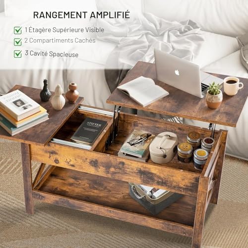 Table basse plateau relevable marron pour ranger et télétravailler - 5