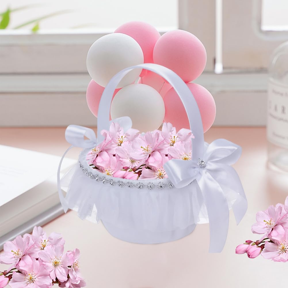 2 Pcs Flower Girl Baskets with Satin Bowknot and Pearl,Small Size White Wedding Flower Basket with Handle,Blue Pink Wedding Baskets for Flower Girls,Party Decorative Flower Basket (white, 7.5In)