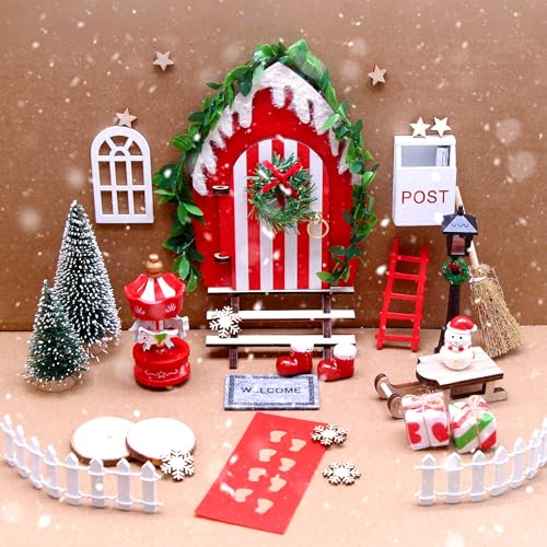 CaiTang 30 Piezas Puerta de Elfo Navidad,Elfo Puerta Accesorios Navidad,Accesorios de Casa de Muñecas de Navidad,Kit Puerta Elfo Navidad Puerta Decoración,Navidad para Casa de Elfo Navidad de Madera