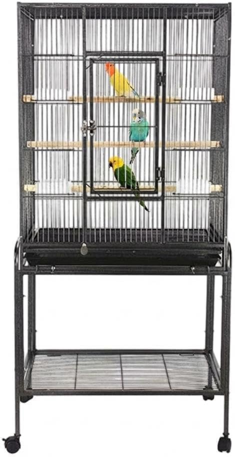 Big Bird Cage 53" Iron Flight Cage with Stand & Wheels, Large Wrought Iron Bird Cage with Slide-Out Tray for Parakeets, Parrots, Pigeons, Black