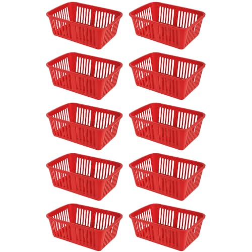 Image of eMKay® Pack of 10 RED Plastic Handy Storage Baskets | 25cm Multi-Purpose Storage Organiser | Lightweight & Durable RED Baskets for Home, Kitchen, Office & Bathroom Use
