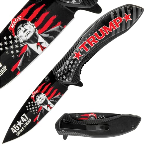 BUDK Trump 45 47 Assisted-Open Pocket Knife | 3 1/2 Stainless Blade with Flag Artwork Both Sides | Titanium-Coated Aluminum Handle | Frame Lock | Metal Pocket Clip | 4 1/2 Closed
