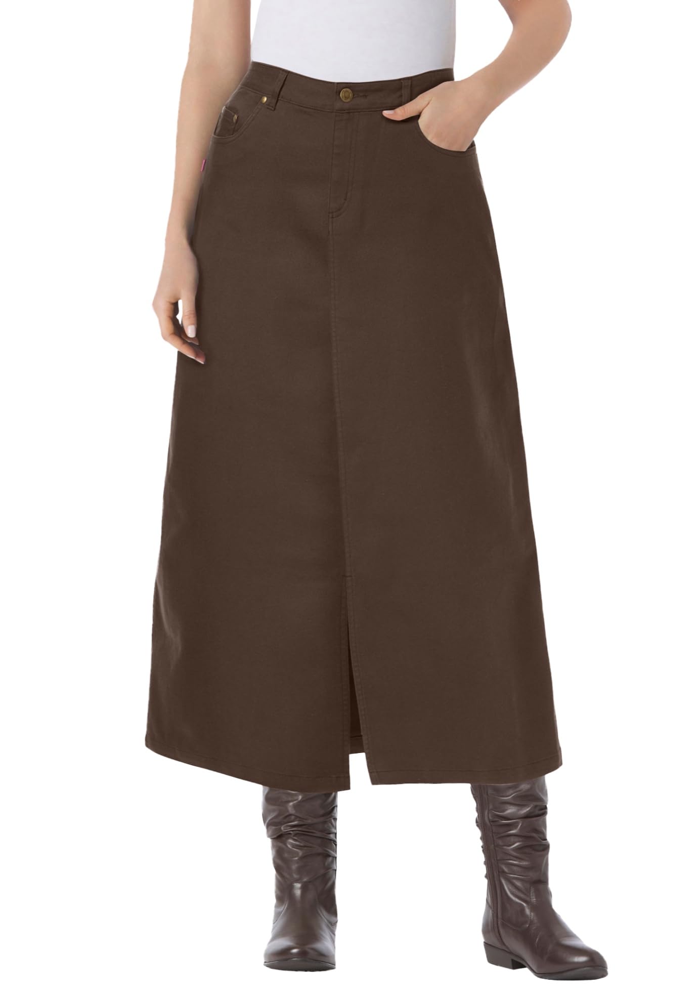 Woman Within Plus Size Stretch Denim Front-Slit Skirt